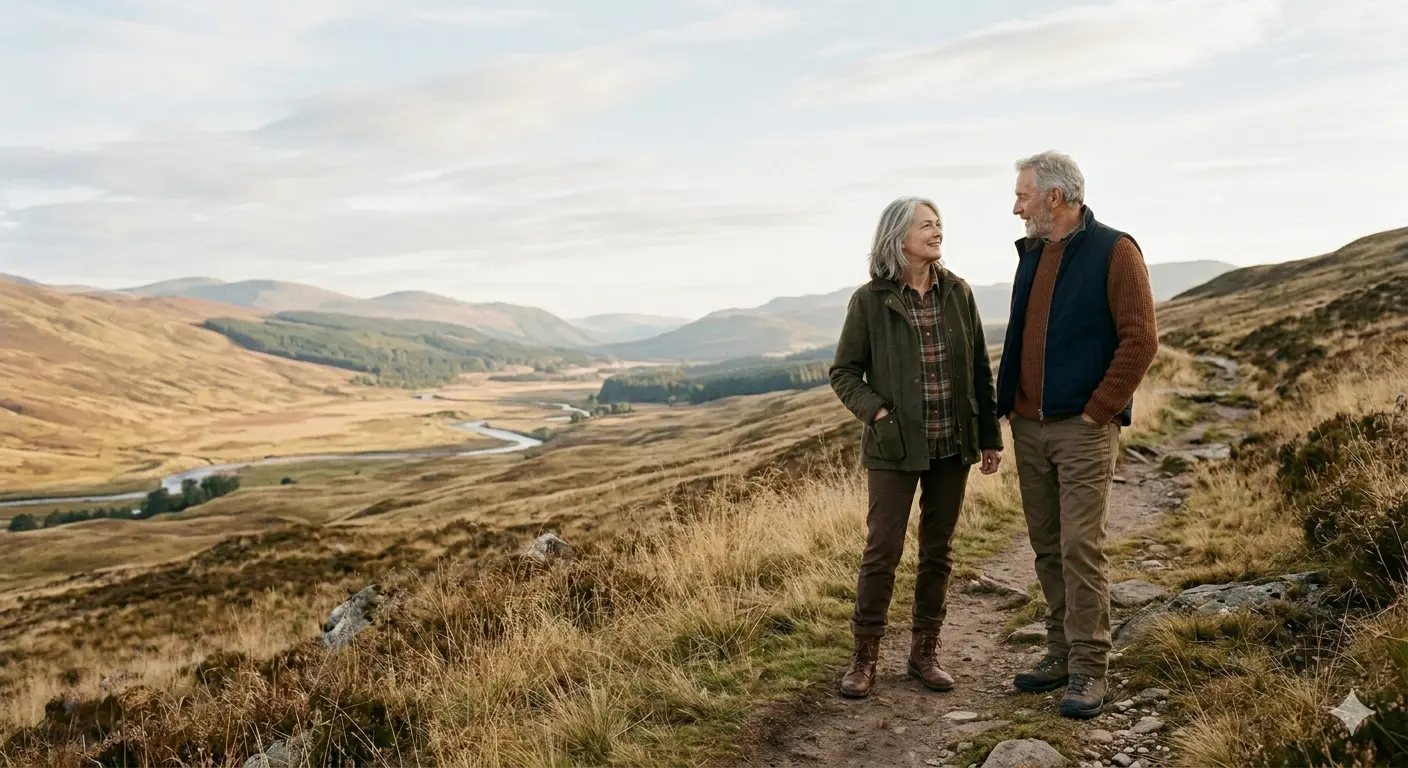 A couple in their sixties pausing on a hillside trail in warm morning light, taking in a view of a wide valley below. Both relaxed and present, dressed in lived-in walking clothes, with open landscape and sky behind them.