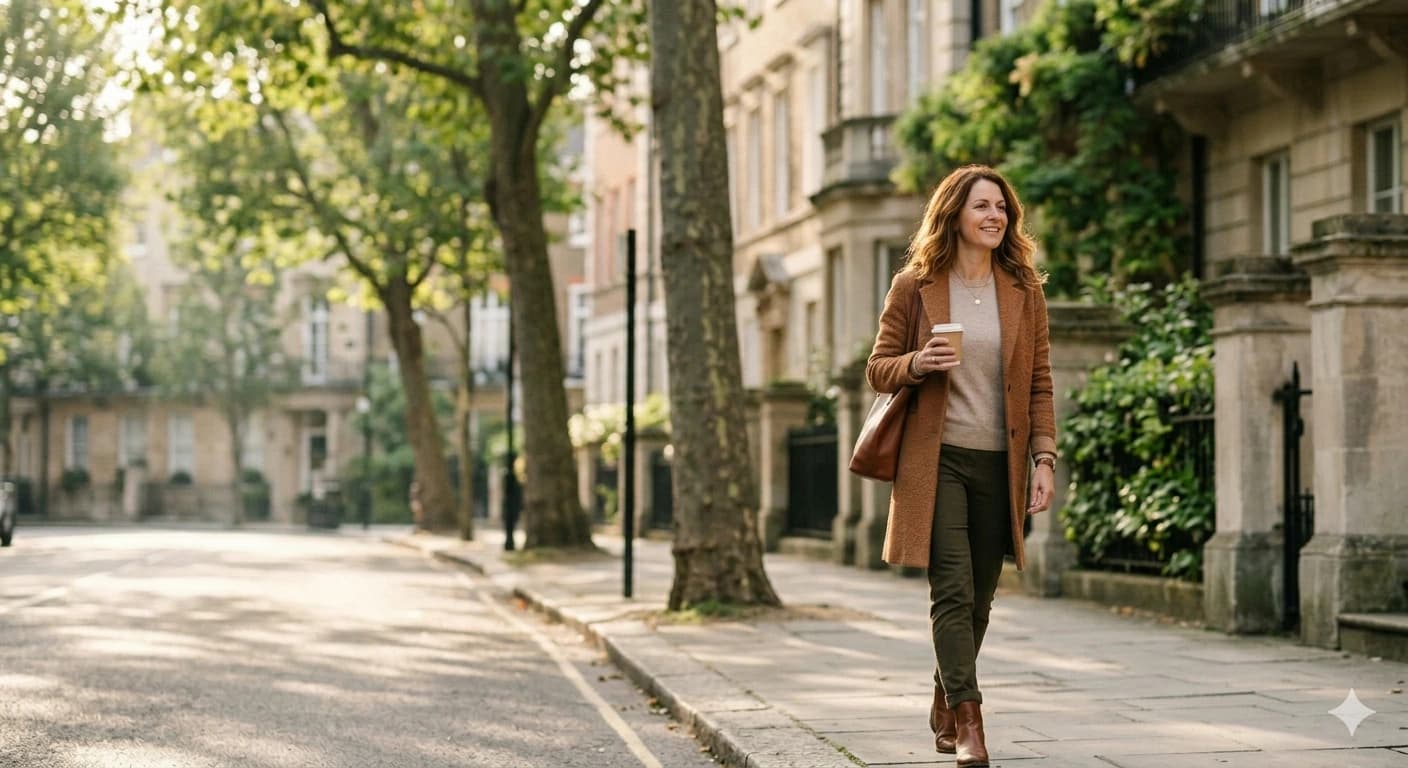 A woman in her 50s walking a tree-lined city street with a coffee, mid-morning light.