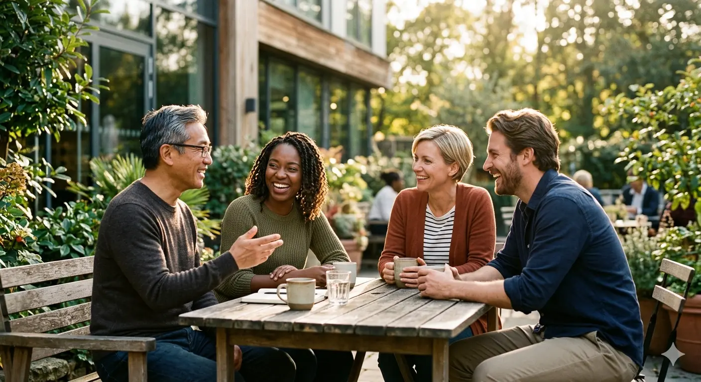 Four colleagues talking and laughing around an outdoor table in late-afternoon light.